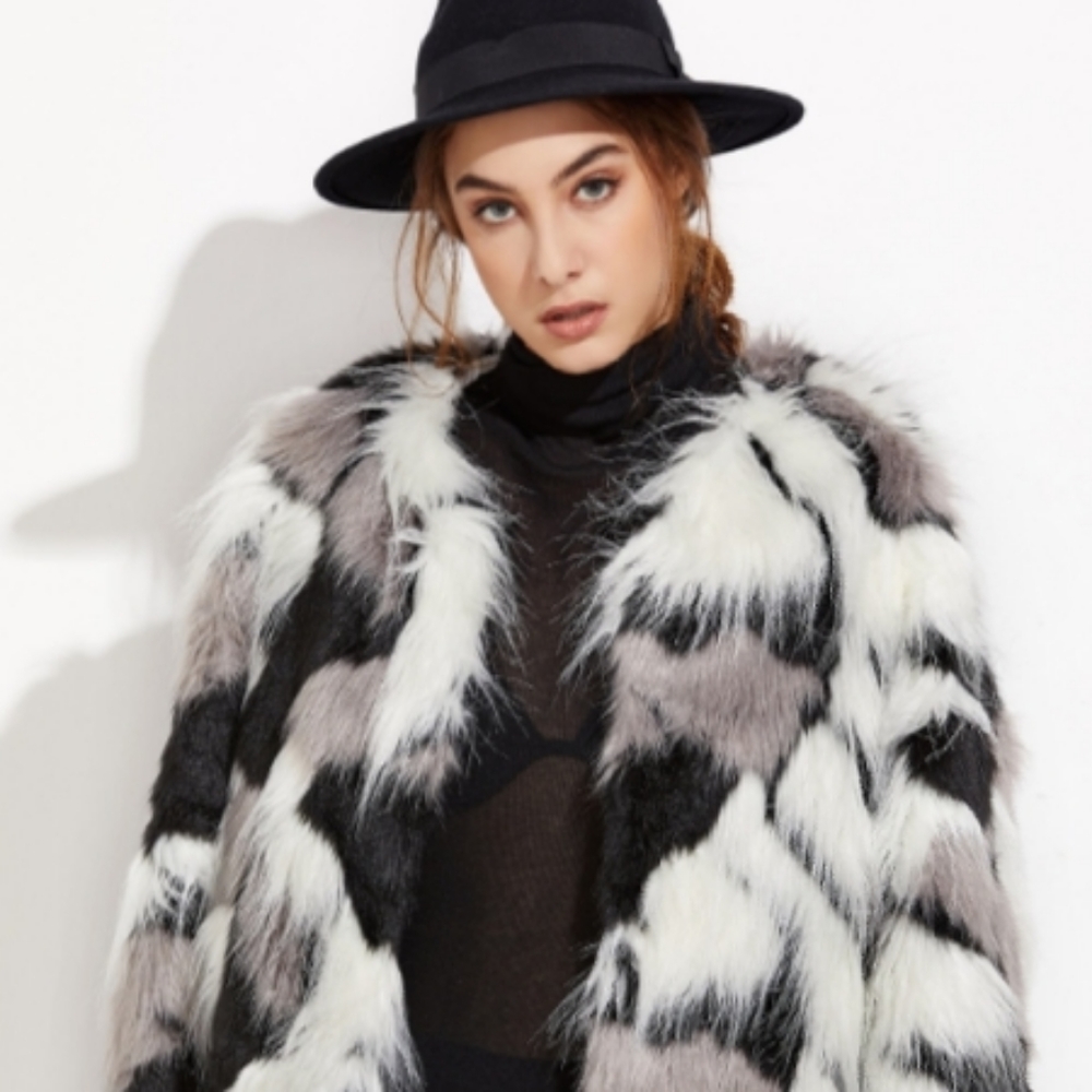 New Patchwork Faux Fur Cropped Coat NWOT
